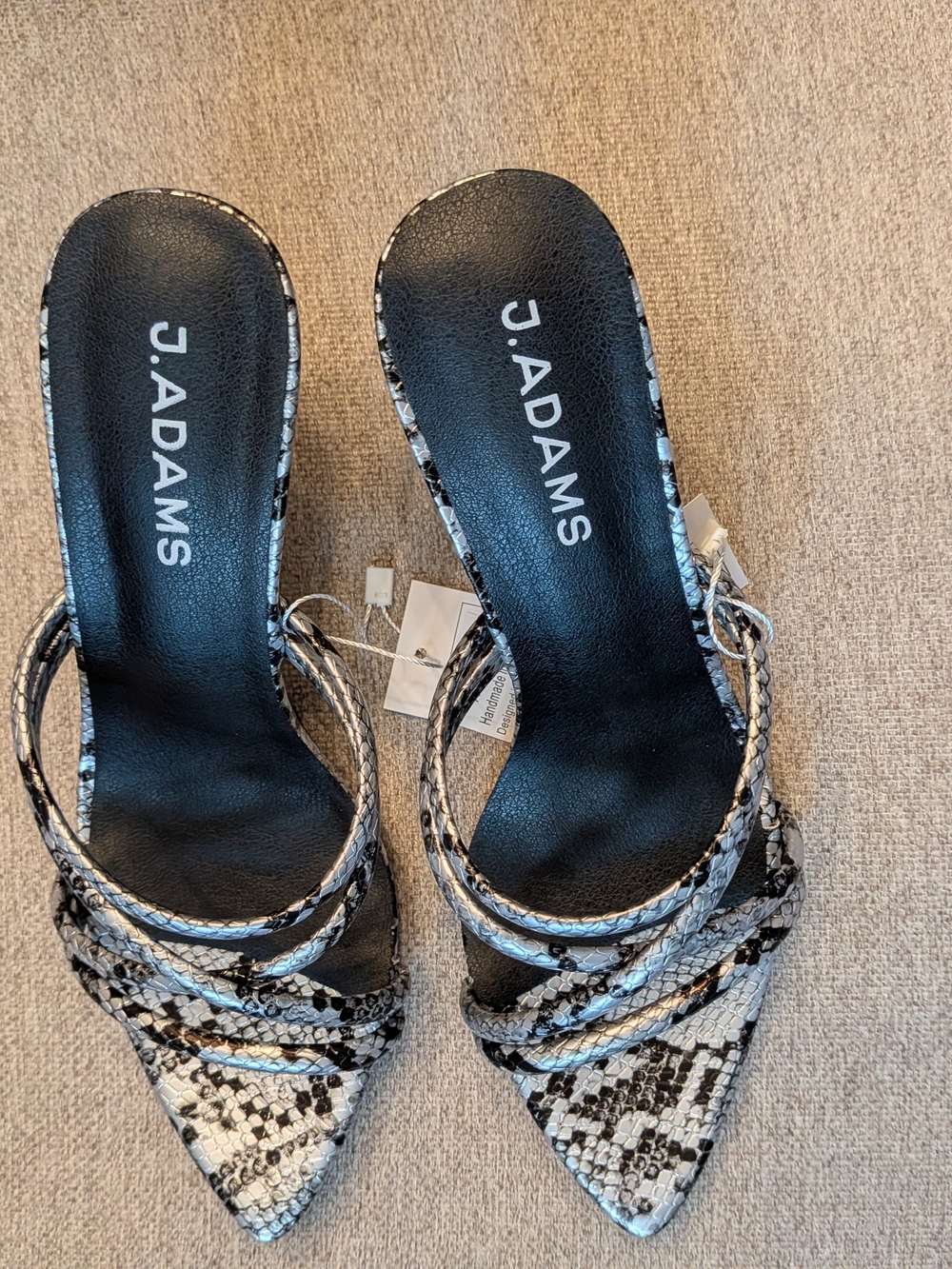 J. Adams Black & White Snake-Print Braided Strap Pointed Mules